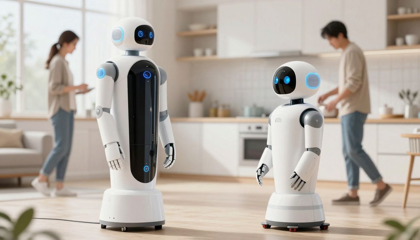 مشهد منزلي مستقبلي مع روبوتات شبيهة بالبشر تؤدي مهام منزلية يومية إلى جانب البشر