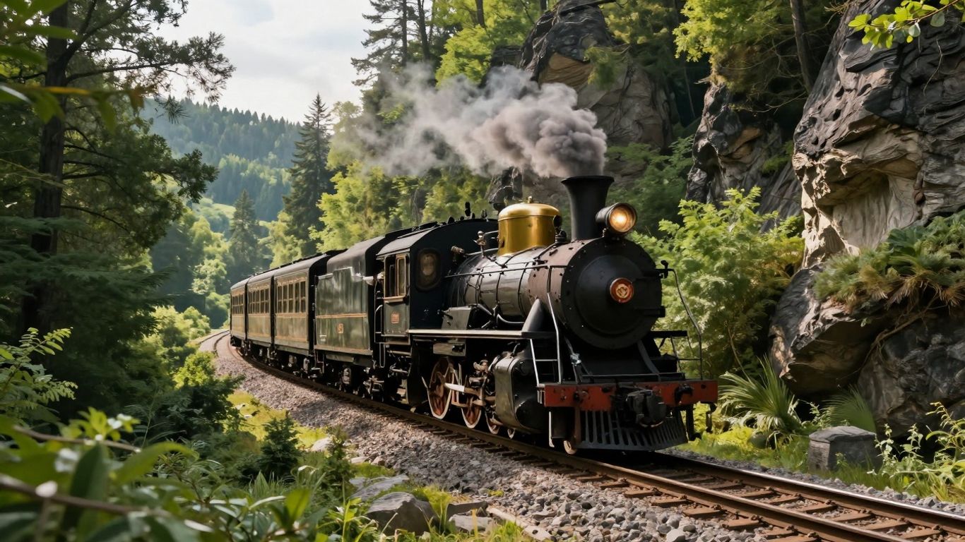 Dampflokomotive fährt auf Bergstrecke durch Harzer Wälder.