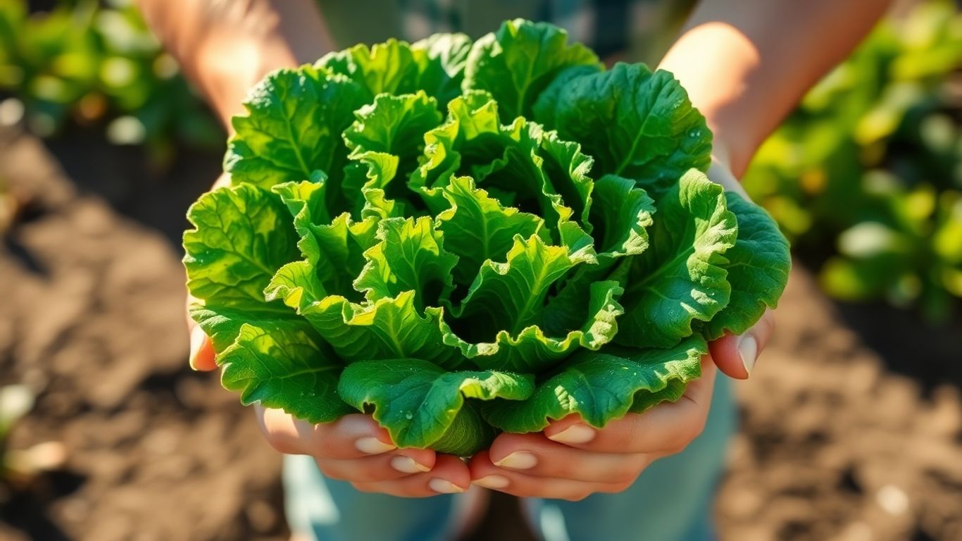 Gardener holding fresh, green lettuce with dew drops.
