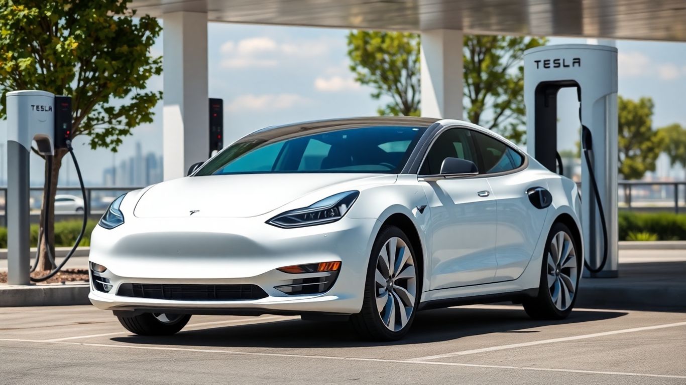 Tesla car charging at a Supercharger station.
