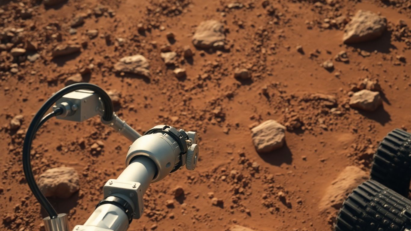 Bras robotique sur Mars explorant des roches anciennes.