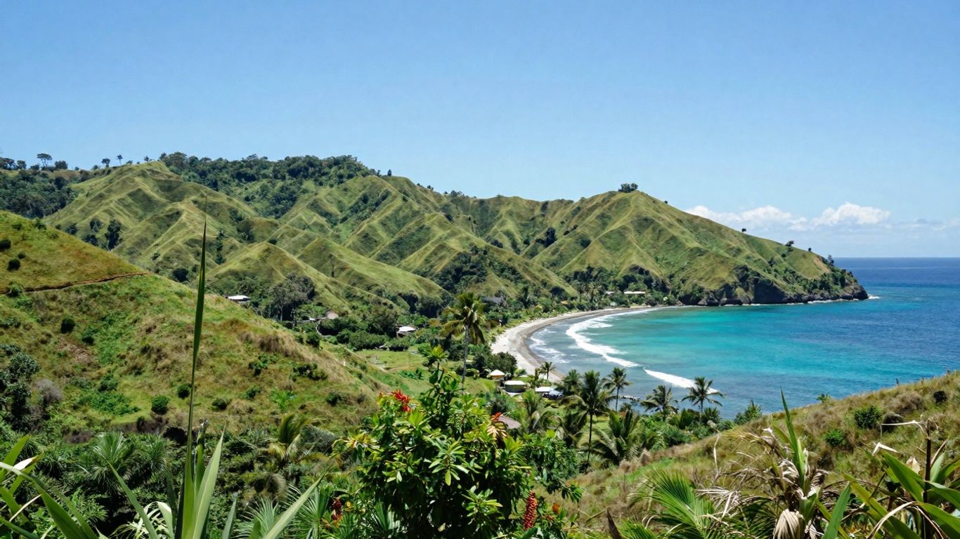 Beautiful Sumba landscape with hills and ocean.