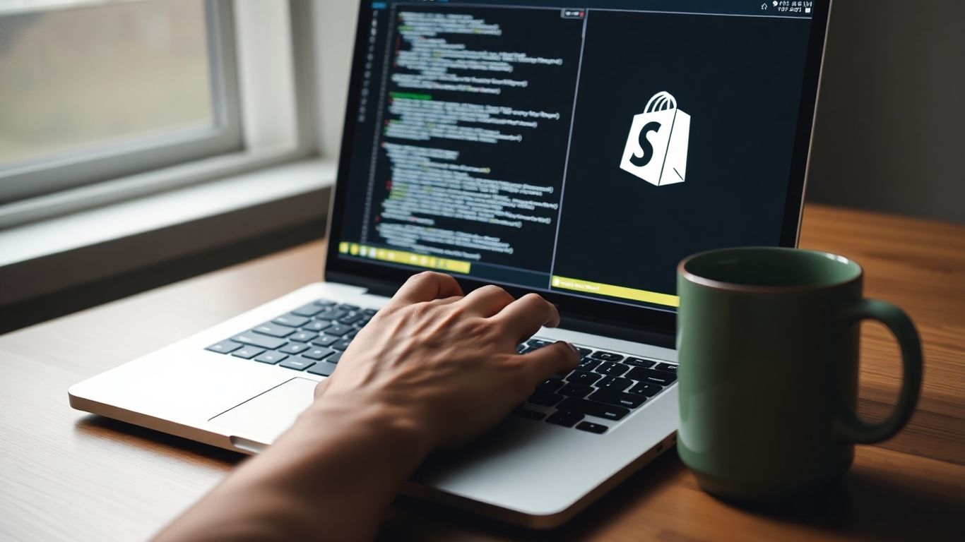 Developer coding Shopify themes on a local machine.