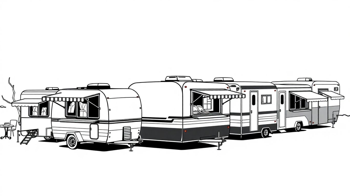 Various food trailers for sale, illustrative style.