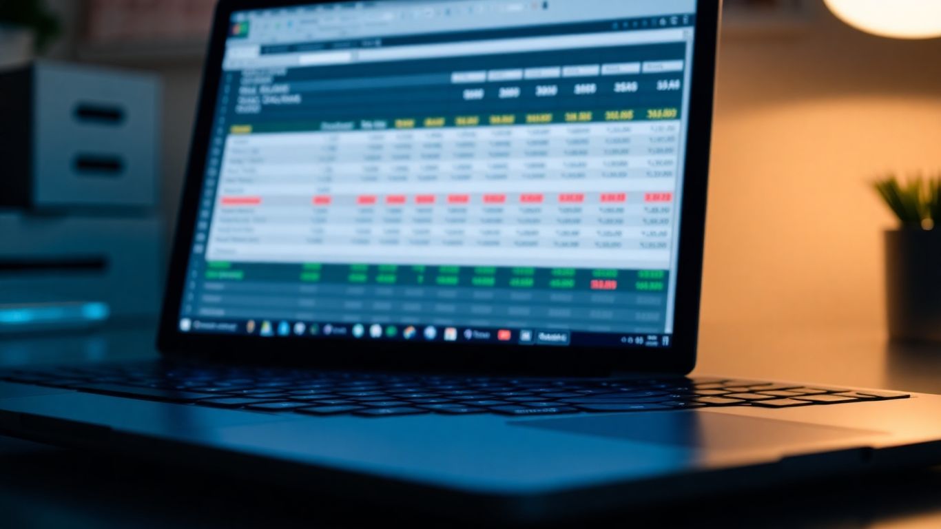 Google Sheets financial data on a laptop screen.