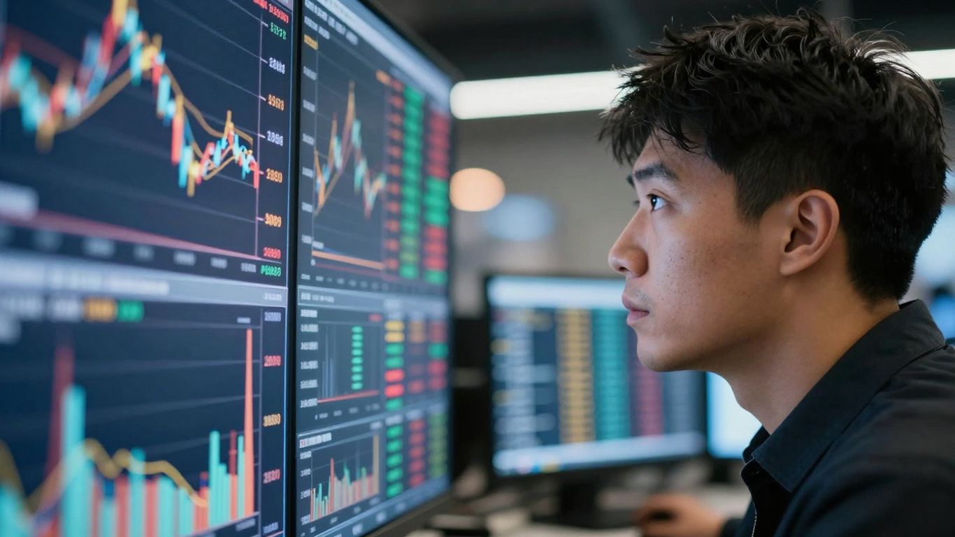 Person focused on abstract stock market activity visualization.