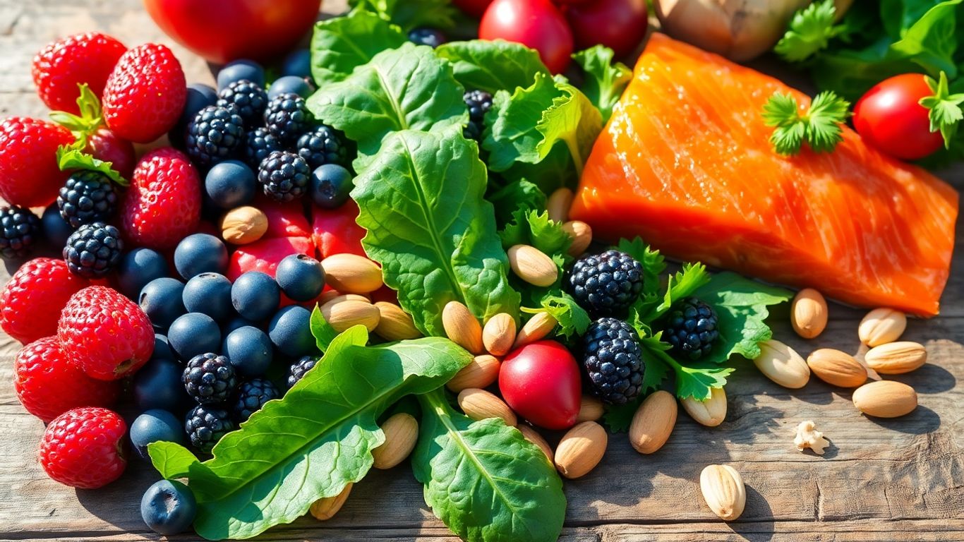 Colorful assortment of fresh berries, greens, salmon, and nuts.