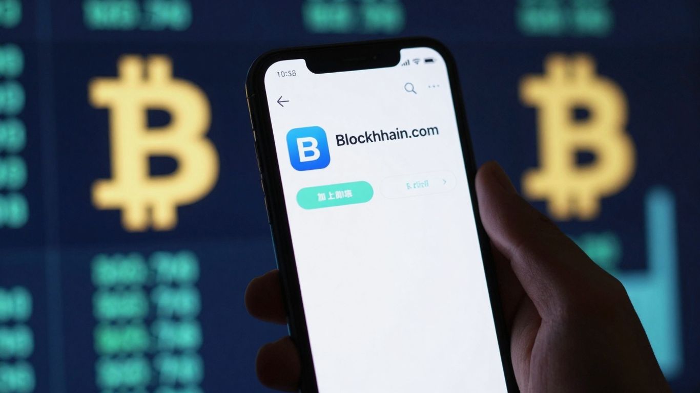 Blockchain.com app on a smartphone for crypto trading.