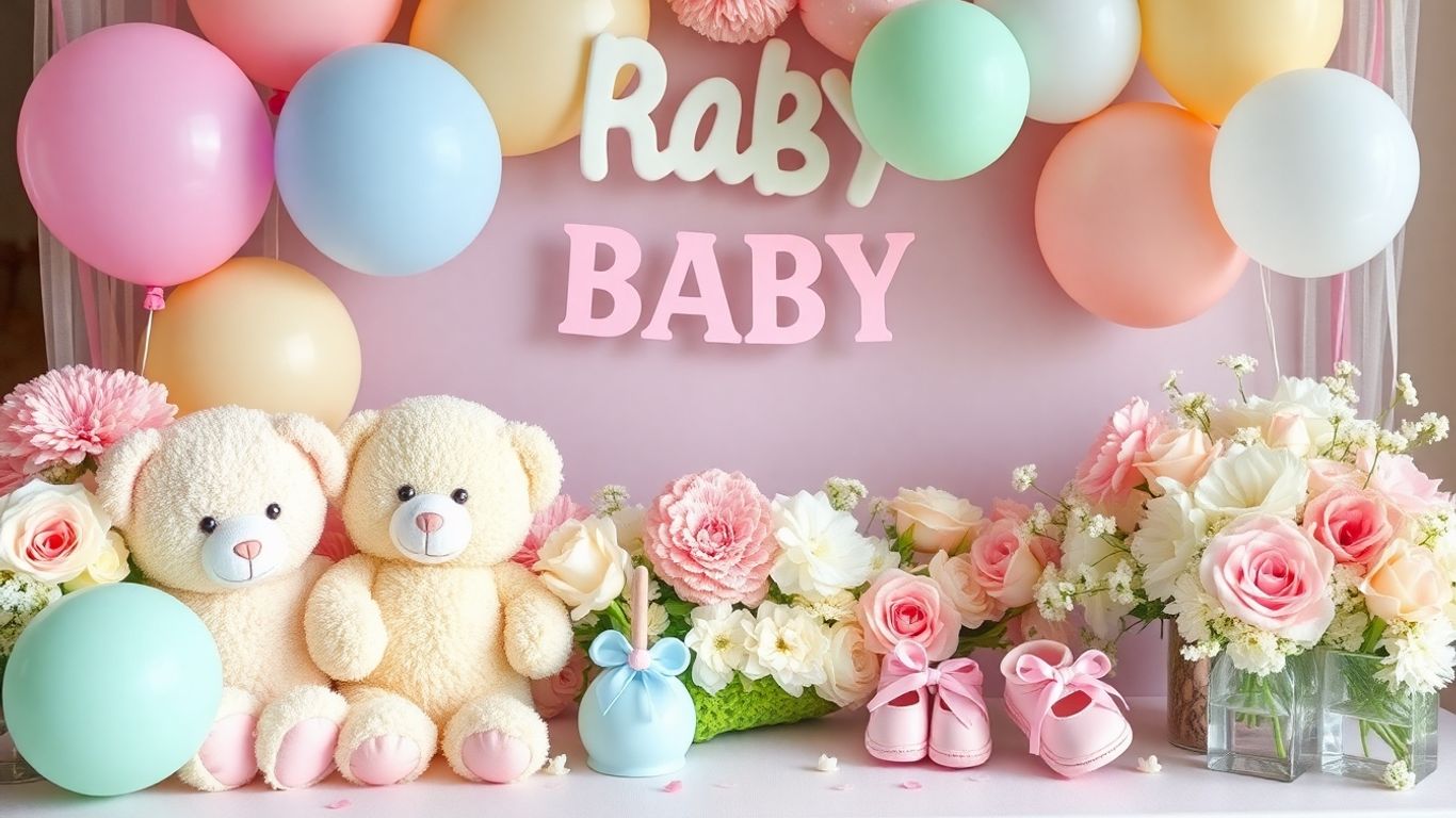 Cute baby shower decorations with balloons, teddy bears, and flowers.