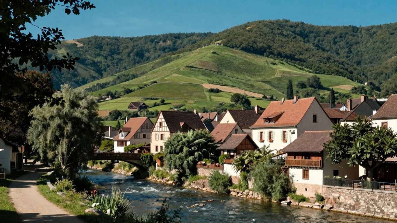 Paysage français avec village, rivière et collines vertes.