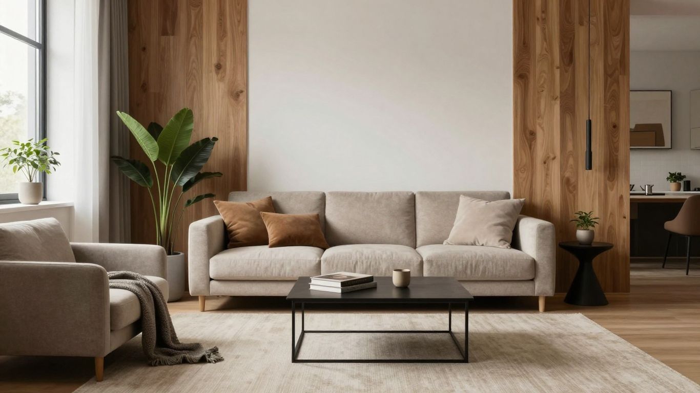 Modern living room with minimalist furniture and natural light.