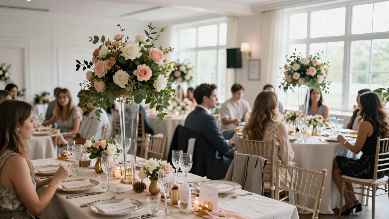 Elegant bridal shower venue with flowers and decorated tables.