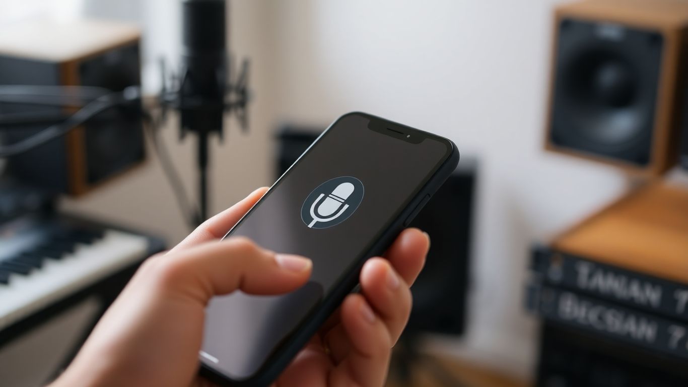 Smartphone recording audio with microphone icon.
