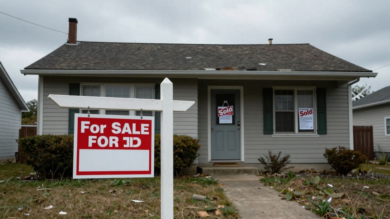 House in foreclosure with sale and sold signs.