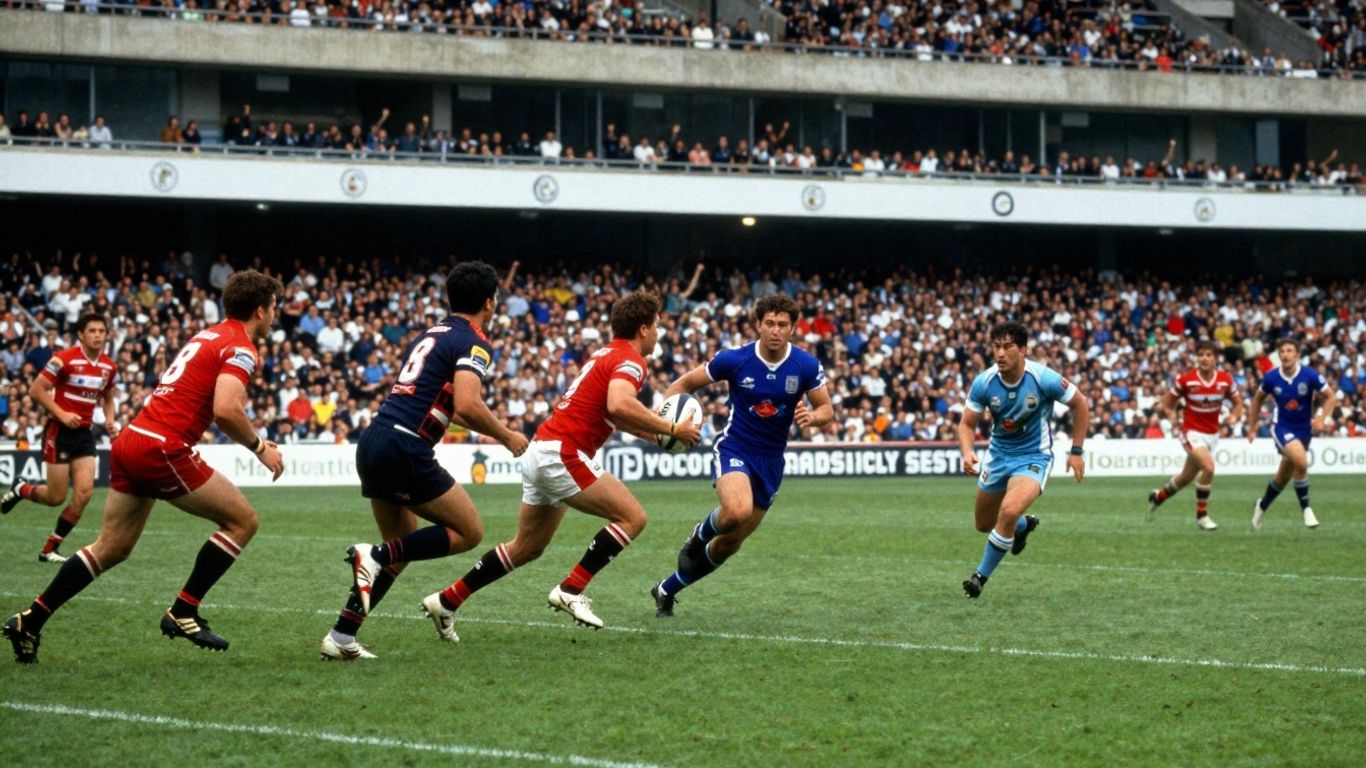 Rugby League 2 gameplay with players and stadium.