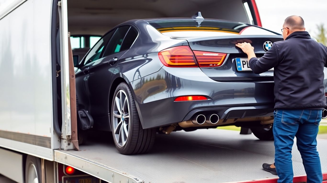 BMW being towed by a wrecker truck.
