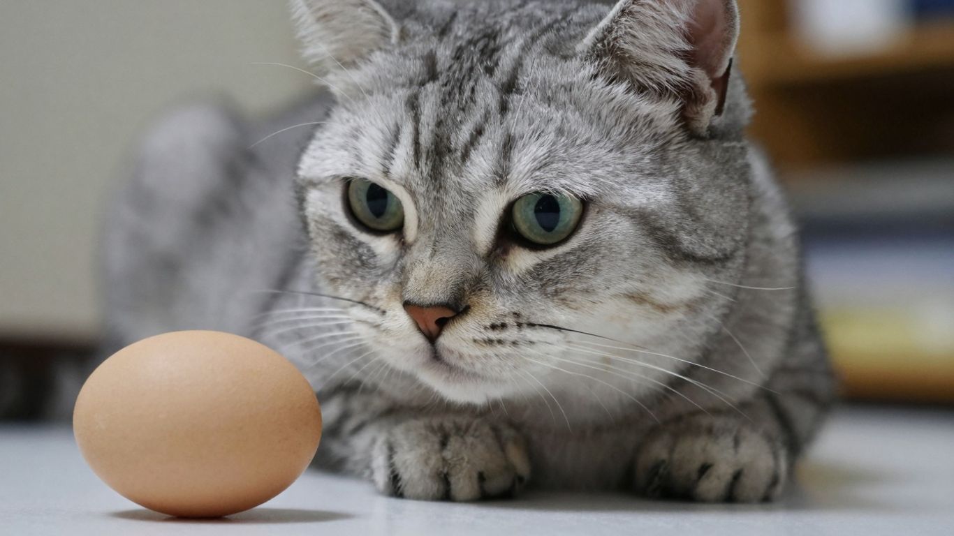 Cat looking at a cooked egg.