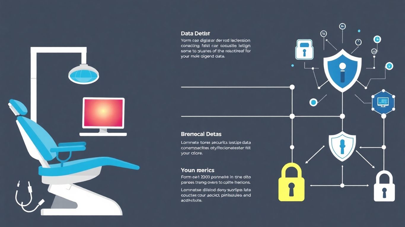Dental IT support infographic with chair, computers, and security icons.