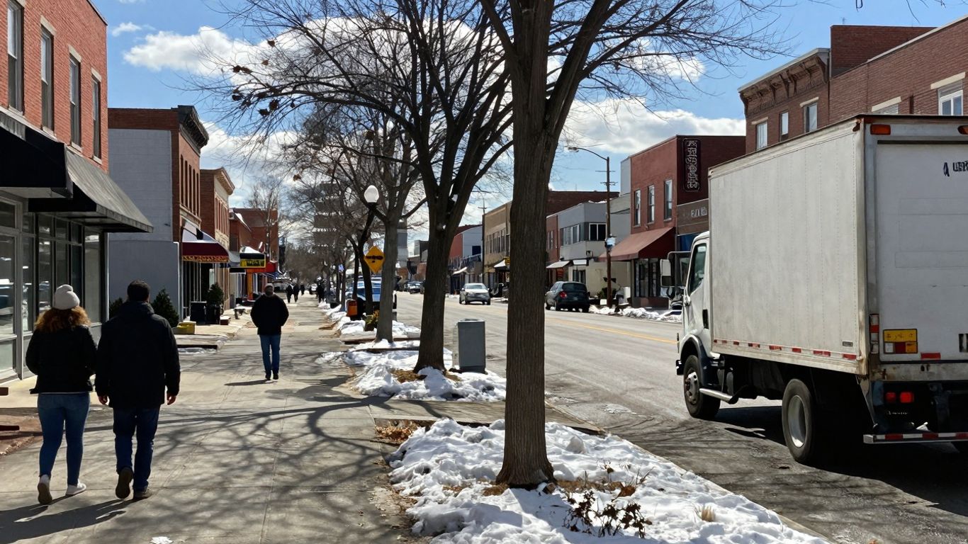 Buffalo street scenes, snowy and sunny, with a moving truck.