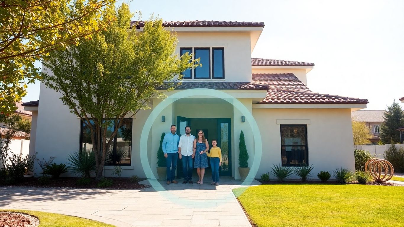 Familia frente a casa moderna con ambiente seguro y tranquilo.