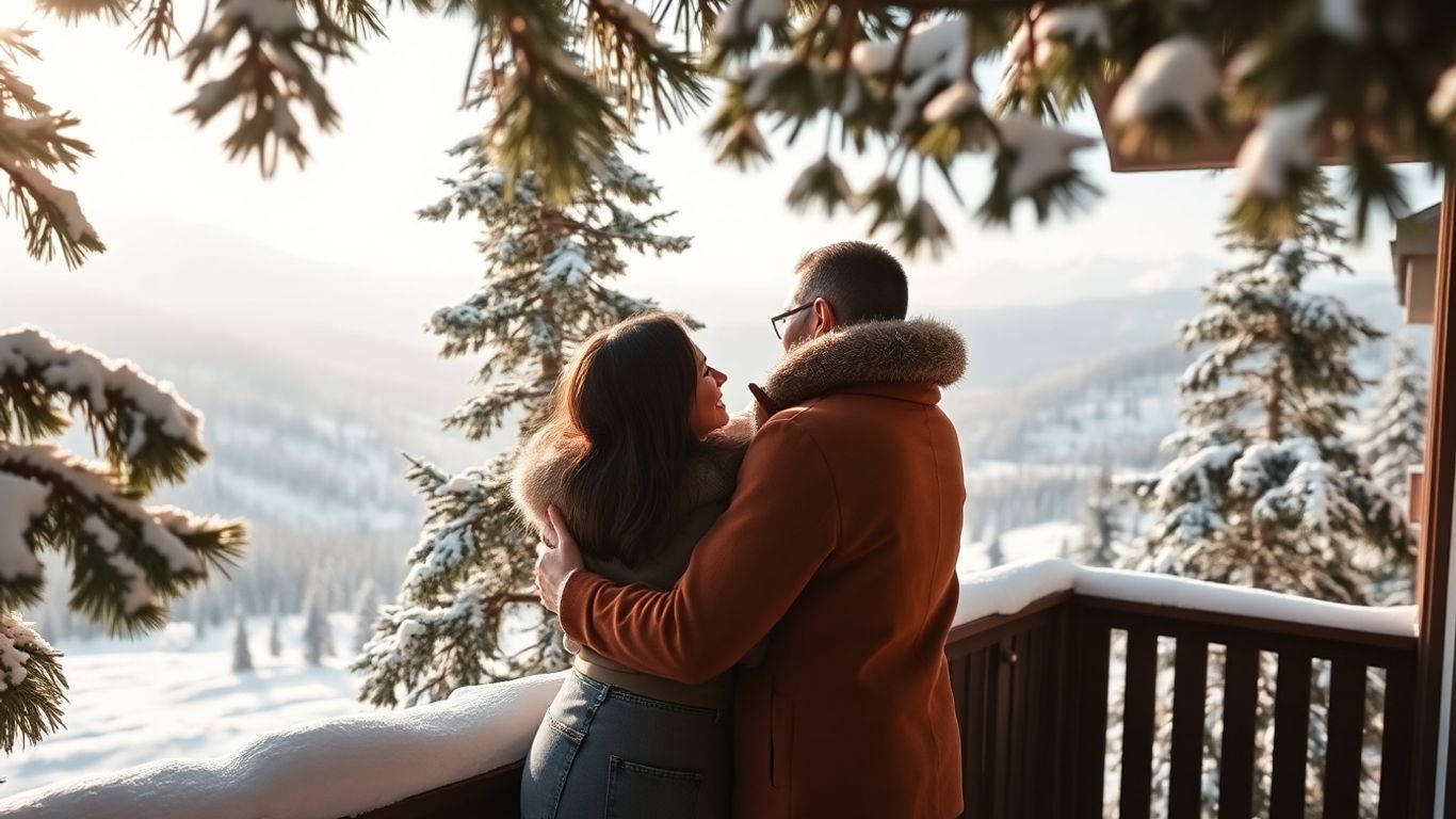 Couple enlacé sur un balcon enneigé en montagne