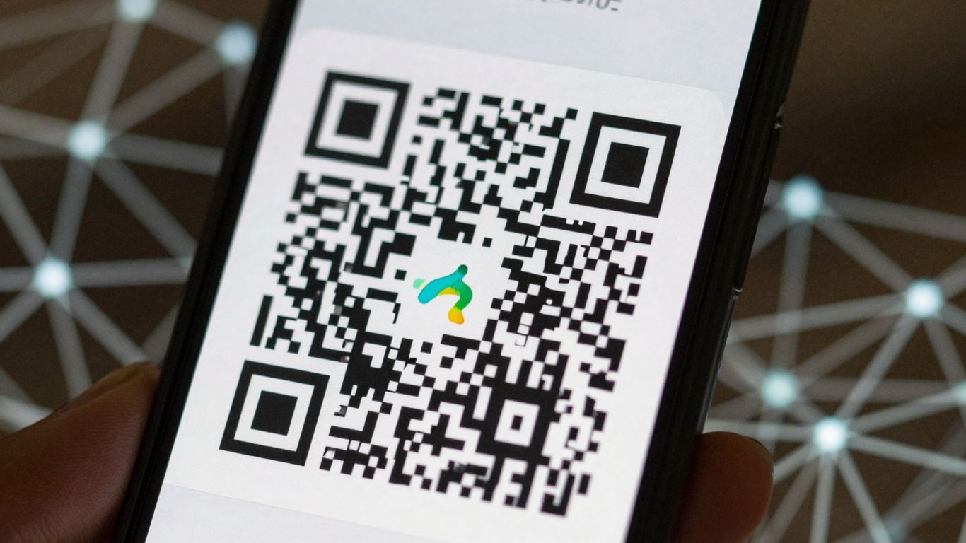 Smartphone displaying blockchain wallet QR code.
