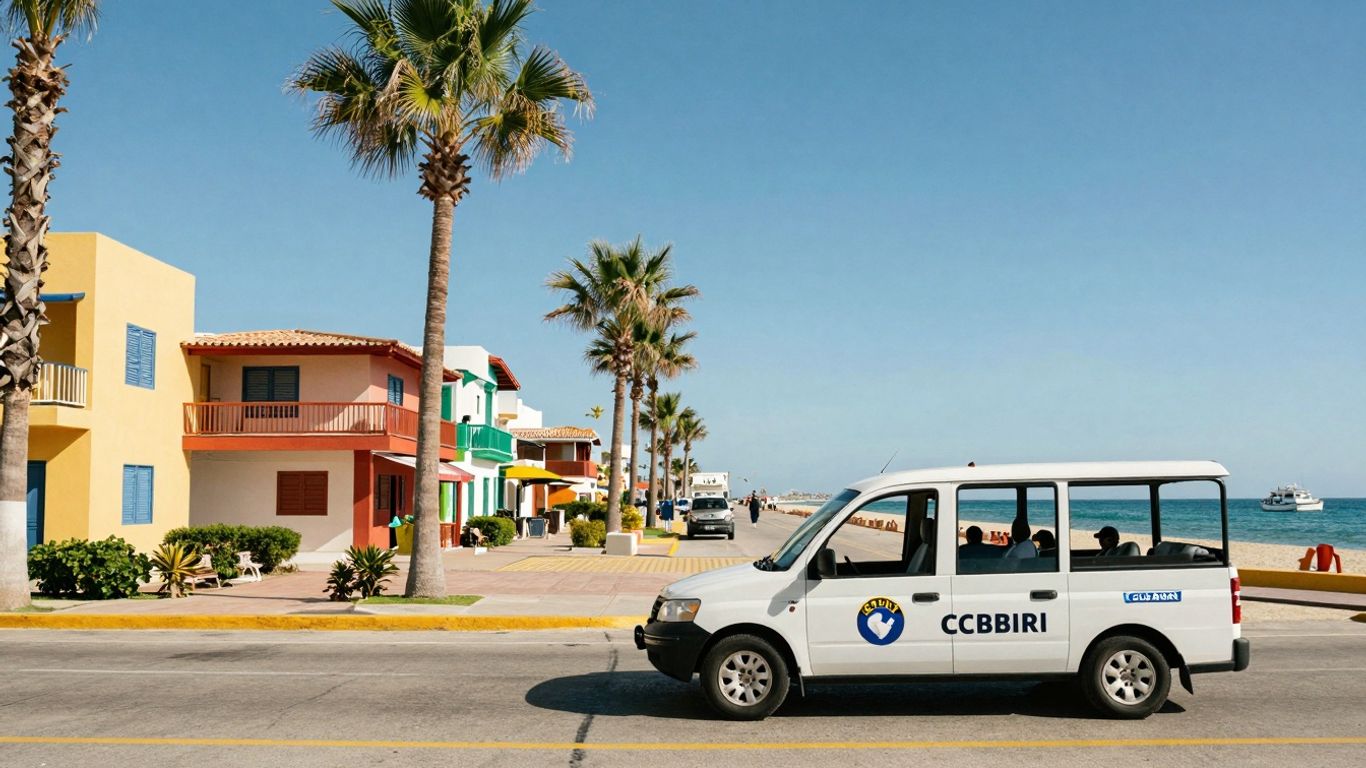 Uber car on a sunny Cabo street with ocean view.