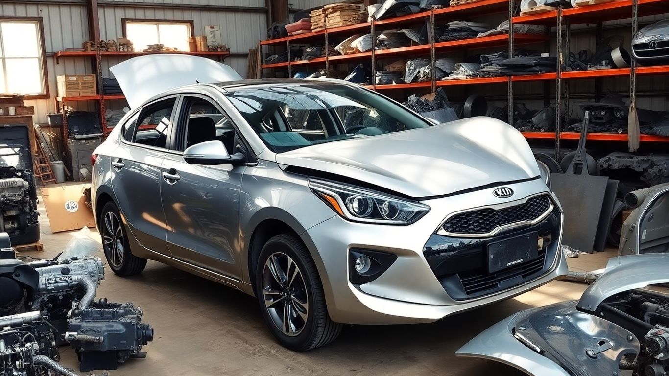 Disassembled Kia car parts organized for resale.