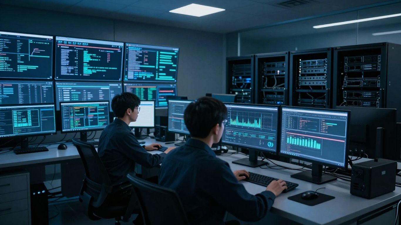 Modern SOC with glowing screens and technicians