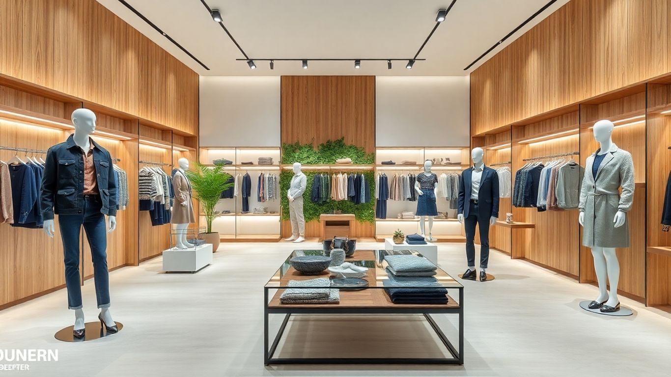 Intérieur de magasin moderne avec éclairage chaleureux et présentoirs.