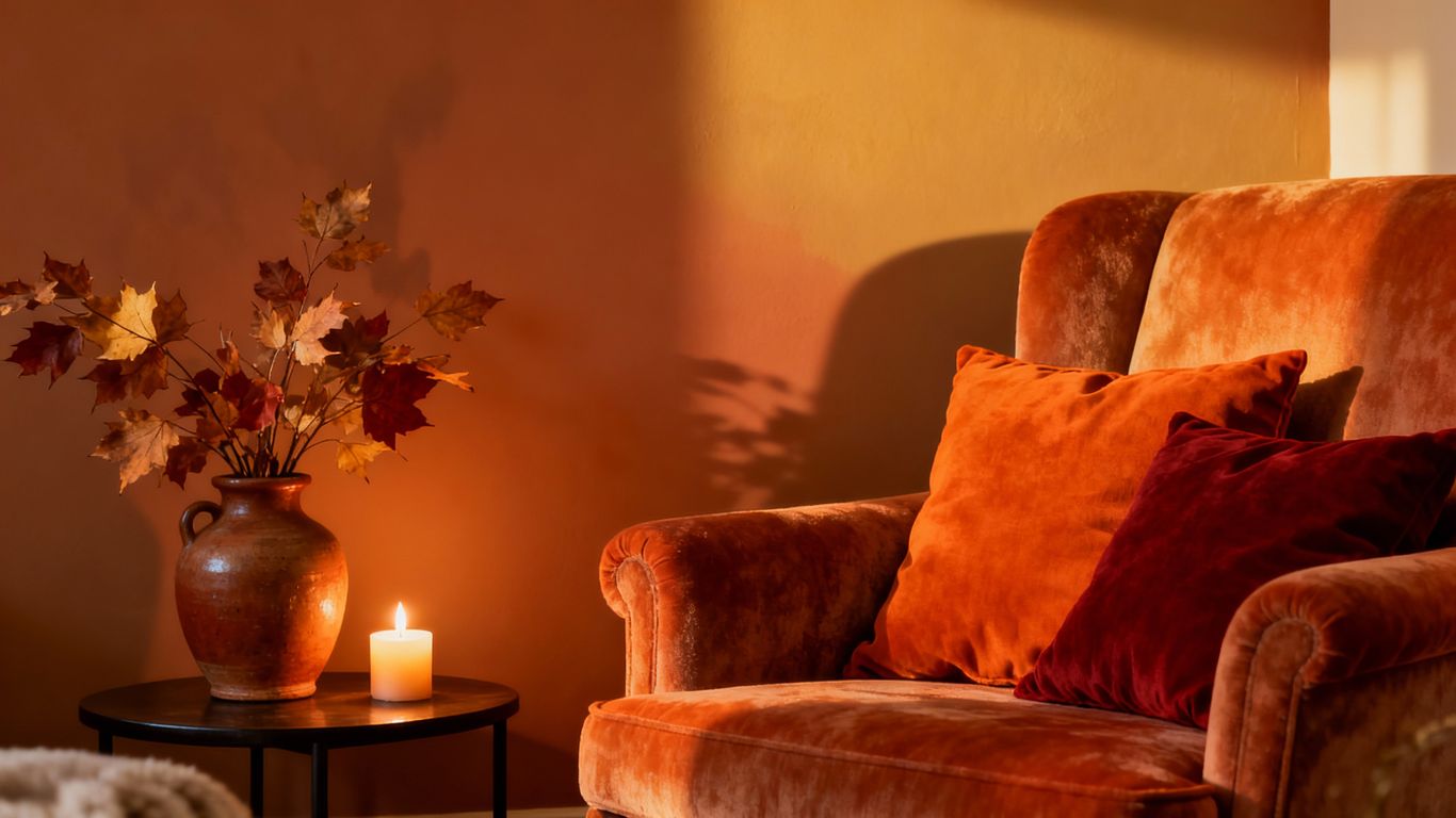 Autumn decor with matching paint colors in a living room.
