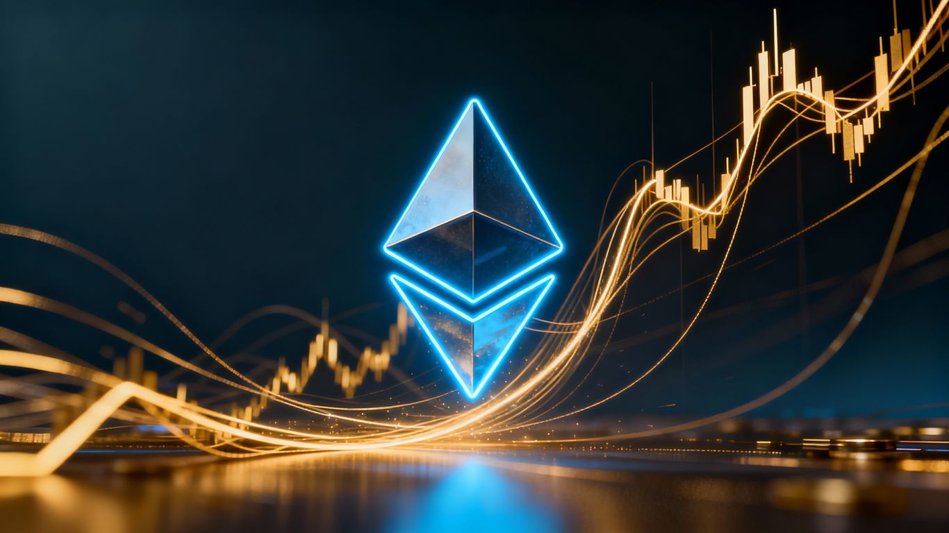 Ethereum logo with dynamic market lines.