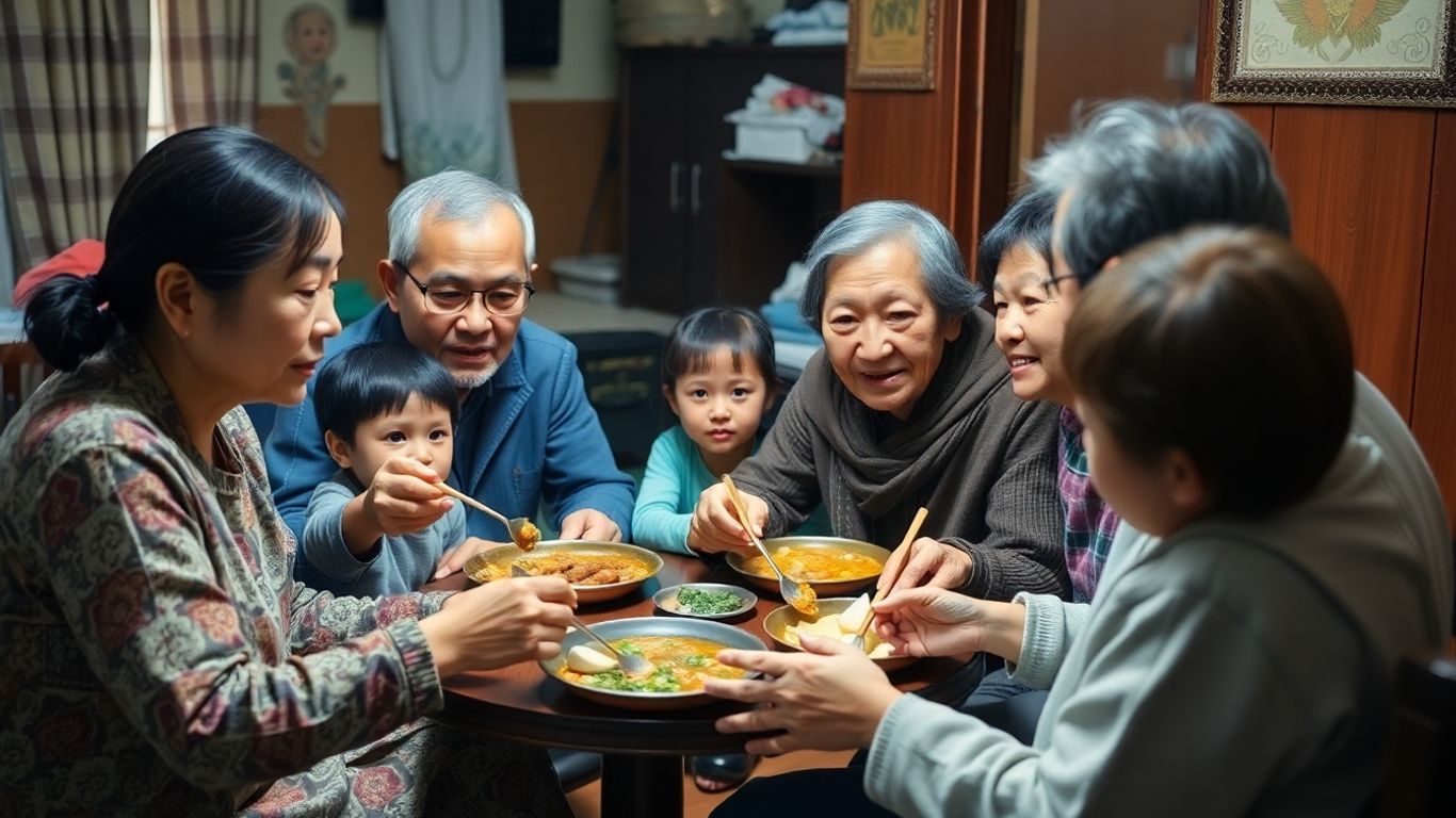 Hong Kong family sharing a meal, elders and youngsters interacting.