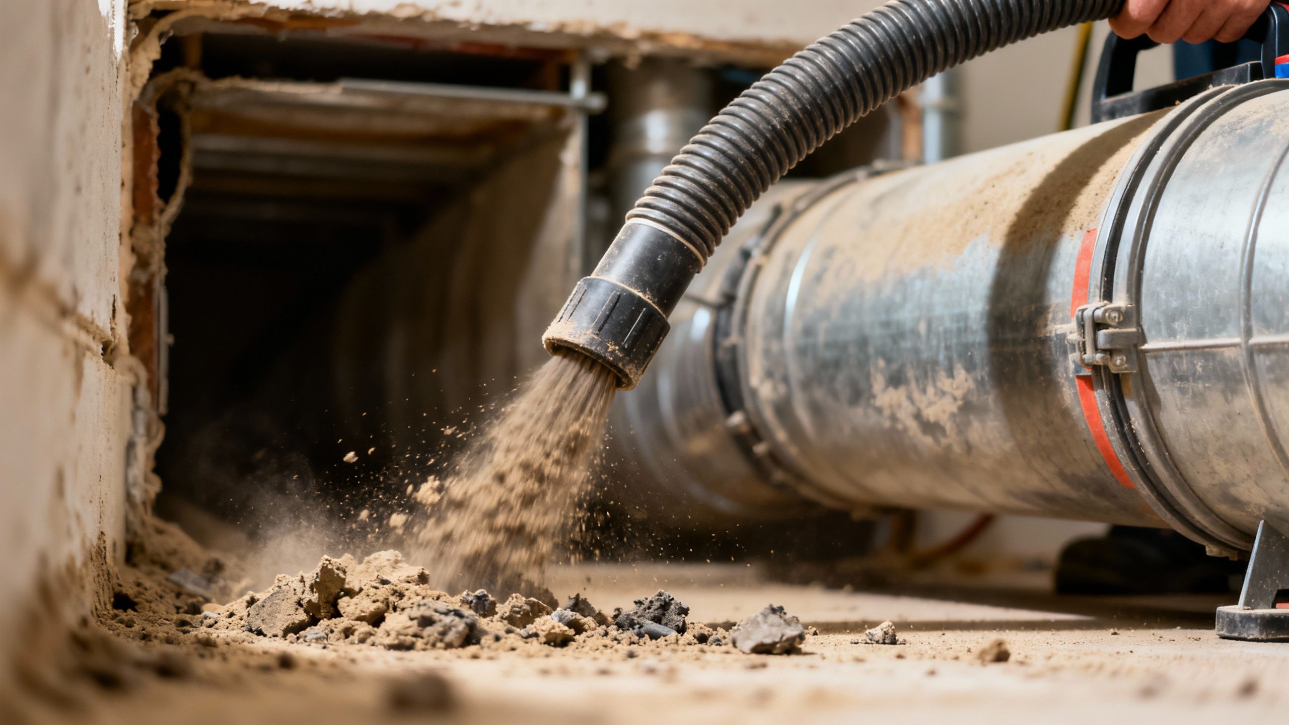 Professional duct cleaning removing dust from air ducts.