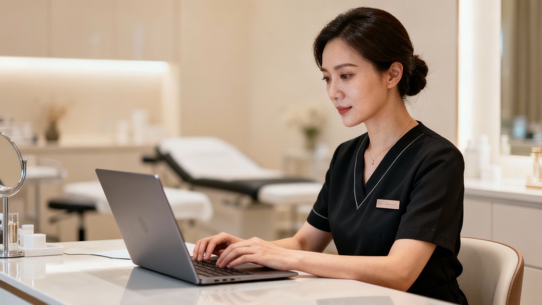 Clinic owner working on a laptop in a modern clinic setting.