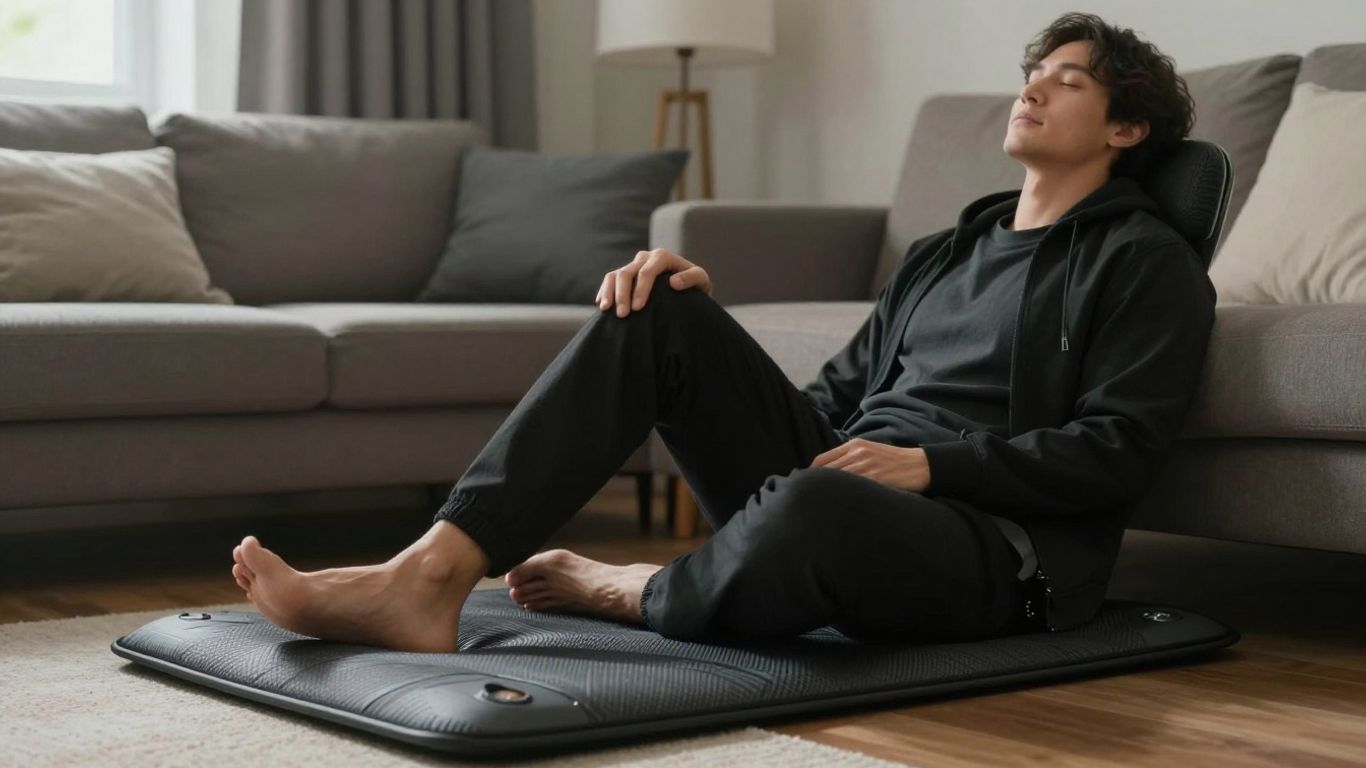 Person relaxing with PEMF therapy mat at home.