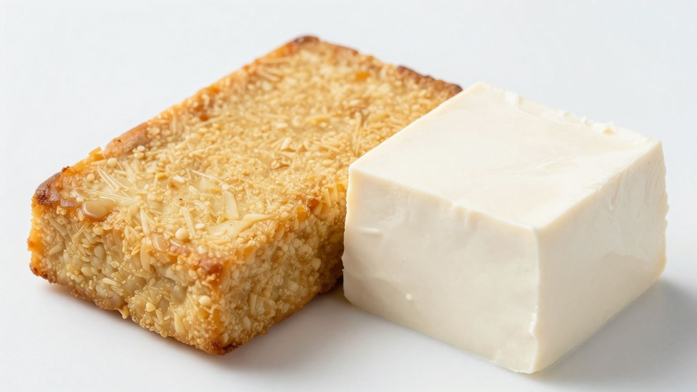 Tempeh und Tofu nebeneinander, bereit für die Zubereitung.