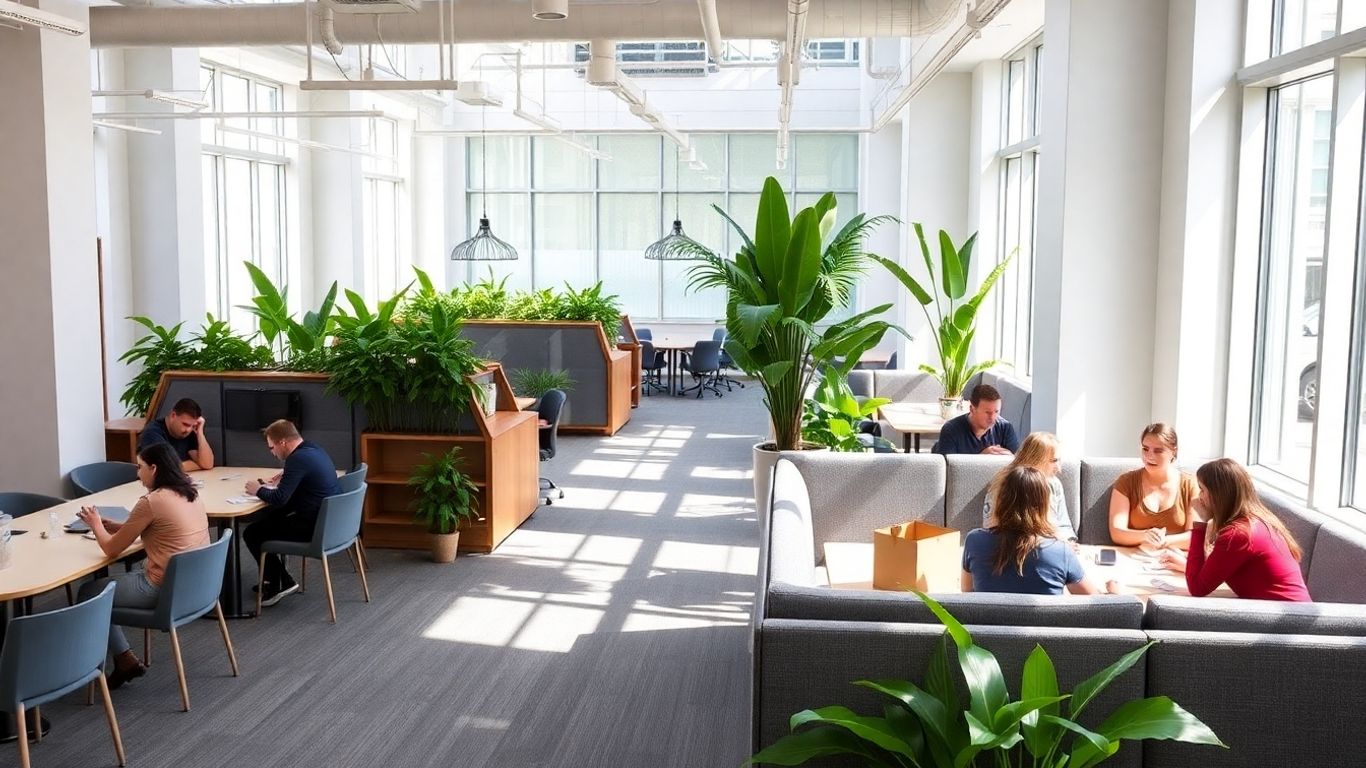 Moderne Bürolandschaft mit flexiblen Arbeitsbereichen.