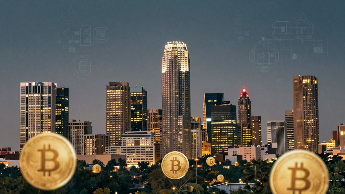 Austin skyline with cryptocurrency symbols and digital patterns.