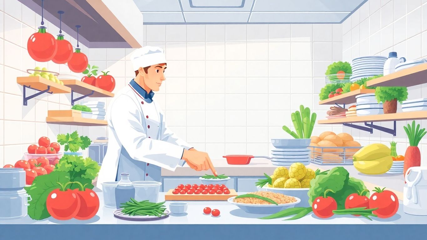 Chef preparing food safely in a clean kitchen.