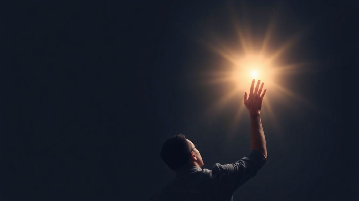 Person reaching for light, symbolizing goal achievement.