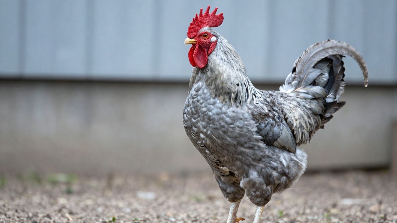 Frost Grey gamefowl with silvery plumage.