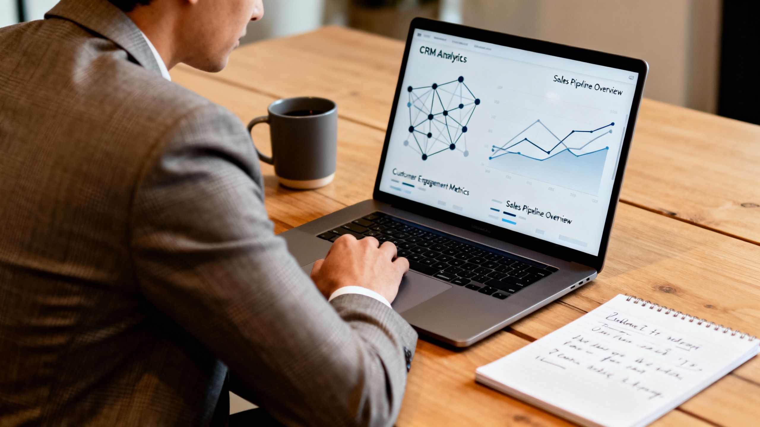 Business owner reviewing conceptual CRM analytics on a laptop