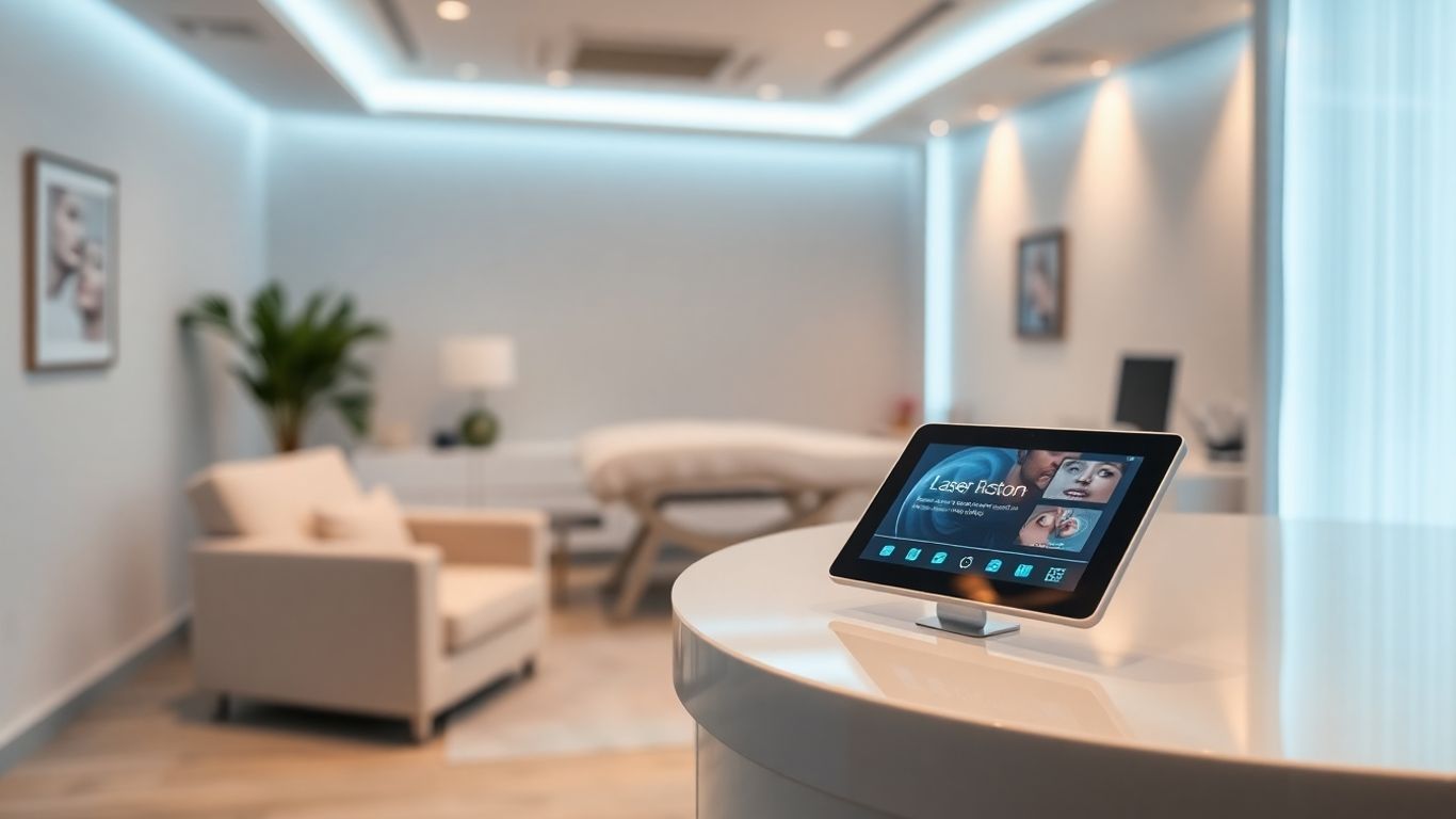 Modern laser clinic reception with digital scheduling interface.