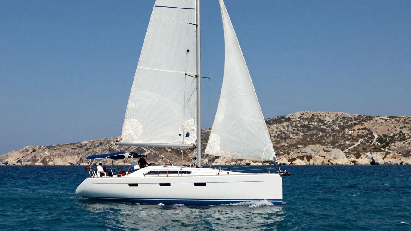 Sailboat on turquoise water near Greek islands.