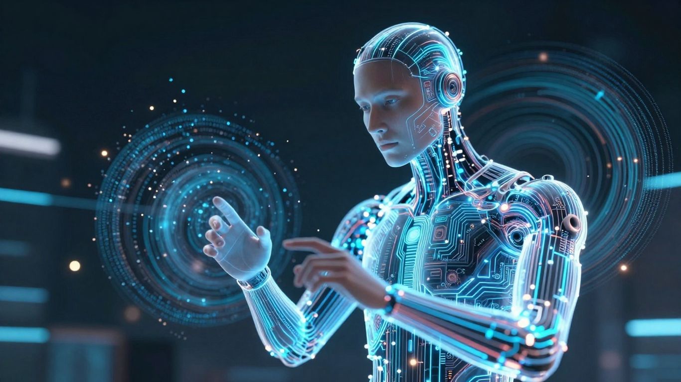 Futuristic AI agent processing complex data streams.