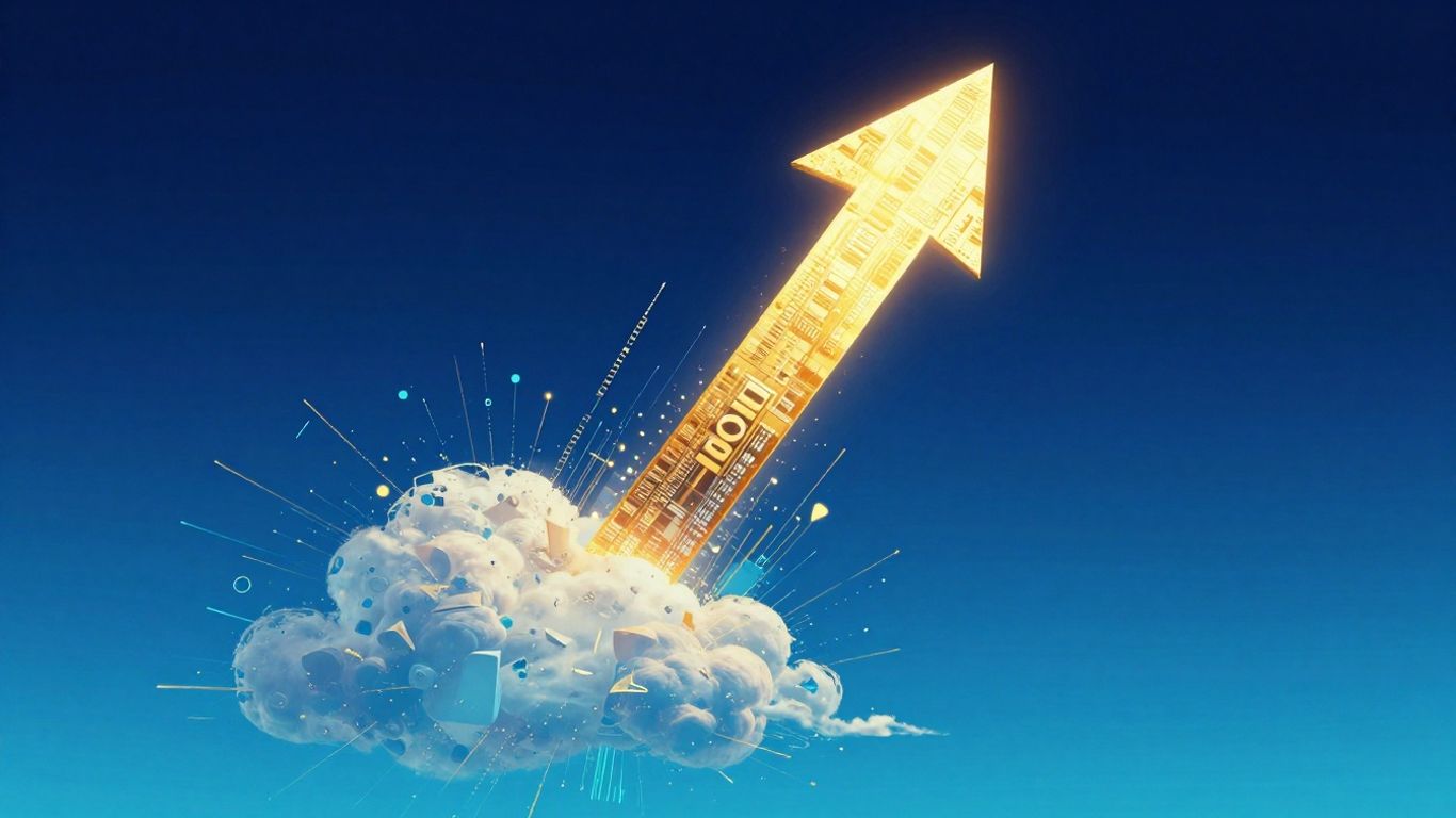 Upward trending arrow made of digital data streams.