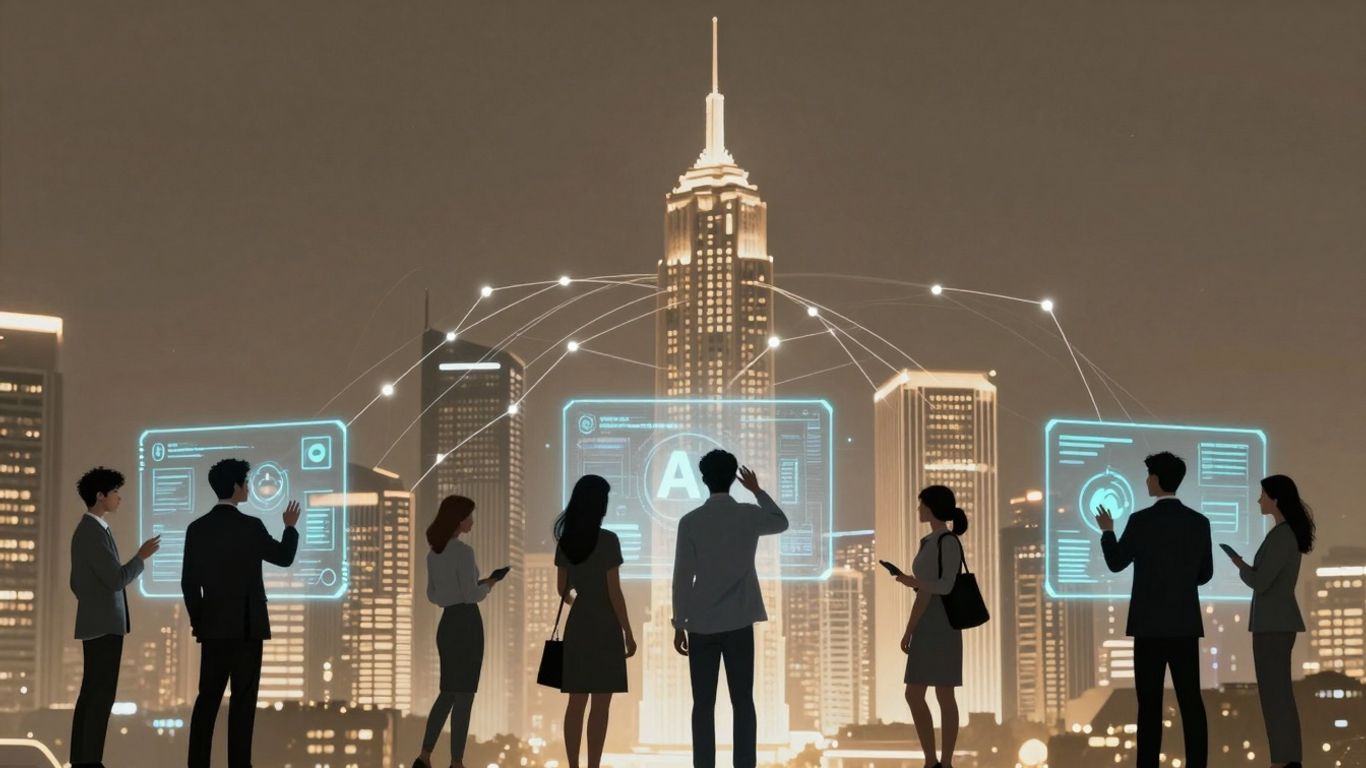 Oraș futurist cu linii digitale și oameni interacționând.