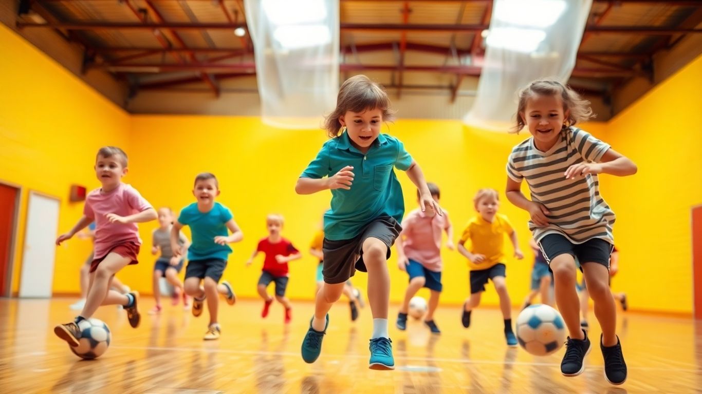 Kinder bei sportlichen Aktivitäten im Freien und drinnen.
