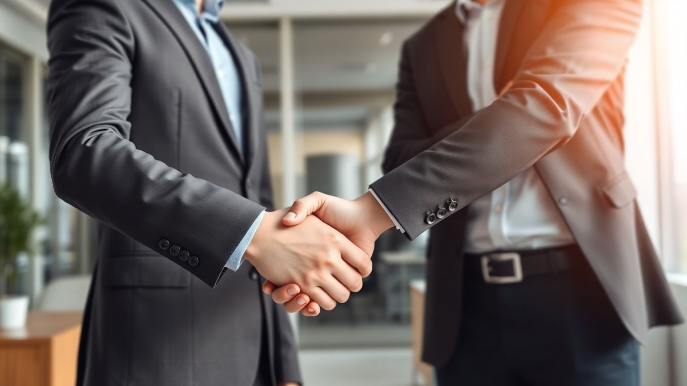 Poignée de main entre deux professionnels en réunion